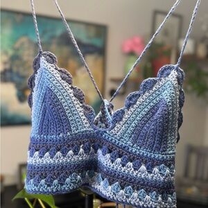 Blue Lacy Crochet Bra with Scalloped Edges